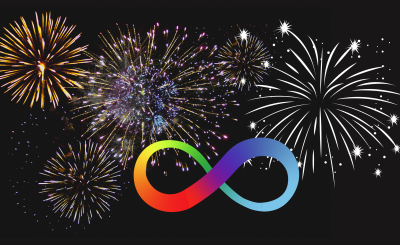 An autism infinity symbol on top of fireworks