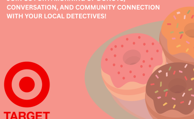 Pin poster with white text for donuts and detectives. Target logo on the left bottom corner and donuts on the right