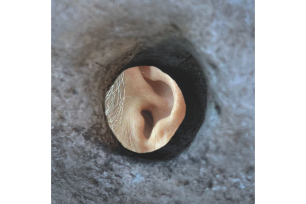 An ear is placed next to a hole in a gray stone