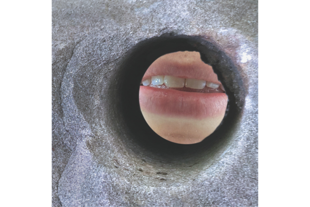 A mouth whispers into a whole with the grey stone background