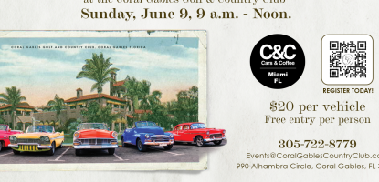 Old cars drive out of a Coral Gables City Hall postcard