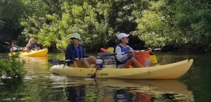 Three yellow kayaks float down a river on a sunny day