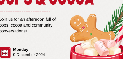 Holiday graphic with gingerbread man in a cup of marshmallows and a candy cane