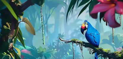 Art graphic of a lush jungle with pink flowers and a large, blue macaw sitting on a tree branch