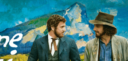 Poster for film, two men walk on grass and in the background is a painted mountain