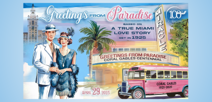 Promotional postcard graphic of Greetings from Paradise show, with a man and woman next to each other with Biltmore Hotel, Miracle Mile Theatre, and a pink bus in the background