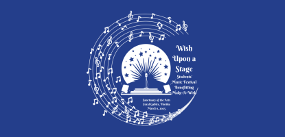 Dark blue background with a white graphic of musical notes swirling around title of the event