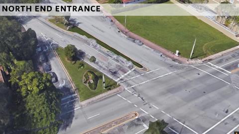 Aerial view of north end entrance, open crossroads