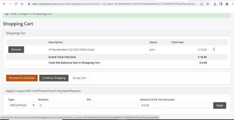 Screenshot of the Shopping Cart. The first section is called Shopping Cart. There are two buttons called "Proceed to Checkout" and "Continue Shopping" then a section called "Apply Coupon slash Gift Certificate"