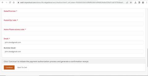 Screenshot. Checkout screen. State, Zip Code, Home Phone with area code, and email address are required fields.