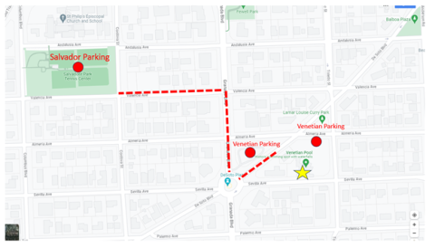 Map of parking lots for Venetian Pool