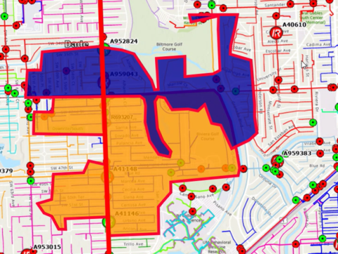 Map with designated areas in blue and orange