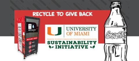 Machine on left, sketch of a bottle on right, in the center a sustainability message from UM