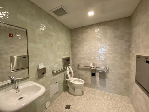 Well light bathroom with multiple shades of cream and gray tiles