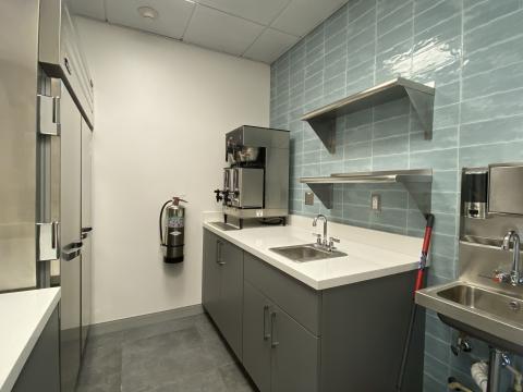 Kitchen sink and coffee maker area with green tile wall