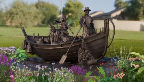 concept rendering of bronze stature in a green space of immigrants paddling a small boat