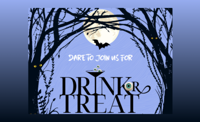 Graphic of spooky trees on a full moon cover the text dare to join us for drink or treat