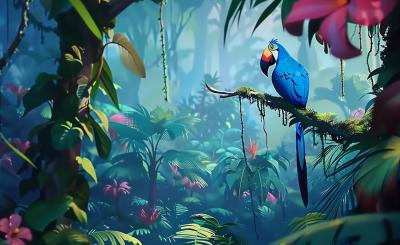 Art graphic of a lush jungle with pink flowers and a large, blue macaw sitting on a tree branch