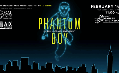 Graphic of a blue spirit outline of a boy hovering over a city with the title and event information