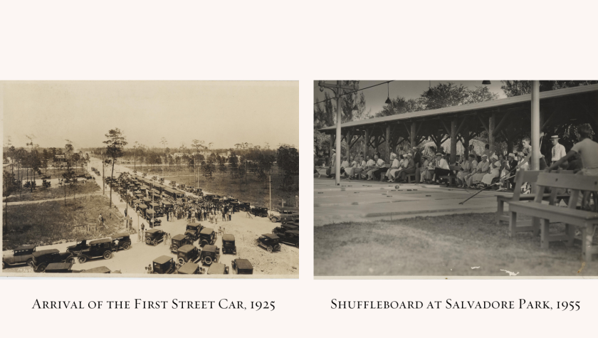 Left photo is sephia with procession of old cards through a street; right photo black and white of a shuffleboard match with an audience